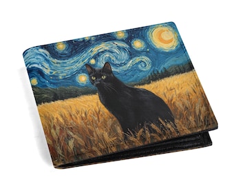 Cartera de gato negro estrellado / Cartera de cuero PU de gato negro / Cartera celestial mística / Tarjetero de gato / Cartera cósmica / Cartera Van Gogh