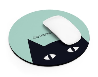 Black Cat Good Morning Human Mouse Pad, grappige bureaumat, muismatten grappig, kattenliefhebber cadeau, schattige kat mousepad, bureauaccessoires, collega cadeau