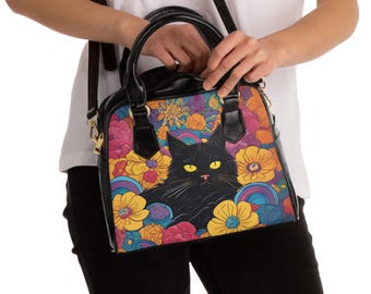 Black Cat Floral Shoulder Handbag, Black Cat Handbag, Fashionable Cat Print Purse, Bold & Colorful Handbag, Stylish Cat Lover Accessories
