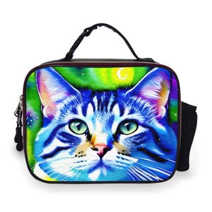 Colorful cat graphic lunch bag, Whimsical cat picnic bag, Bright cat lunch bag, Cat lover gift, Vibrant cat picnic bag, cute cat picnic bag