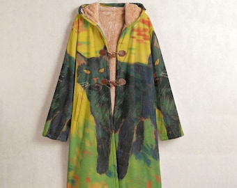 Black Cat Fleece Coat, Black Cat Long Hooded Windbreaker Horn Buttons, Cozy Fuzzy Cat Jacket, unique cat lover fashion, black cat cardigan