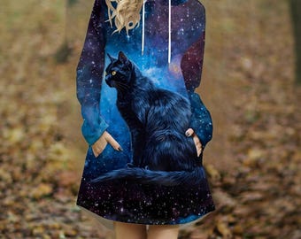 Galaxy Black Cat Hoodie Dress, Mystical Witchy Space Aesthetic Dress, Celestial Hooded Dress, Cosmic Astrology Hoodie Dress, Black cat gifts
