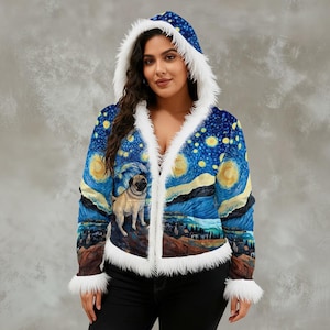 May include: A hooded jacket featuring a vibrant print of Van Gogh's "Starry Night" with a pug dog. The jacket has a blue background with yellow stars, a white faux fur trim, and a hood. The jacket is open in the front.