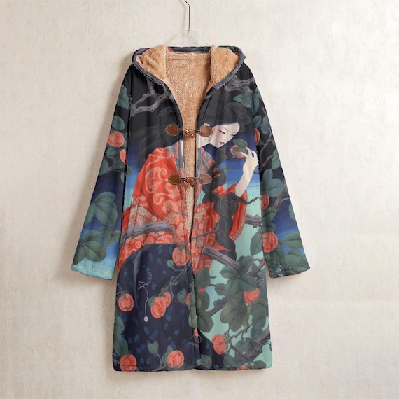 Geisha Art Fleece Lined Hooded Coat, Japanese Winter Coat