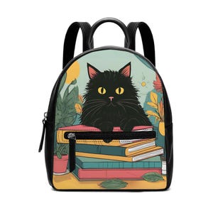 Black Cat PU Leather Backpack, Cute Book Lover Bag, Cat Small Backpack for Women & Girls, Cute PU Leather Backpack, cat kawaii backpack