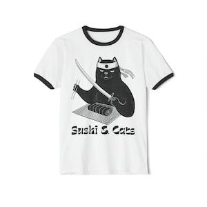 Samurai Cat Eating Sushi Unisex Cotton Ringer T-Shirt, funny cat shirt, cat gifts, Sushi and cats shirt, japanese black cat tee shirt