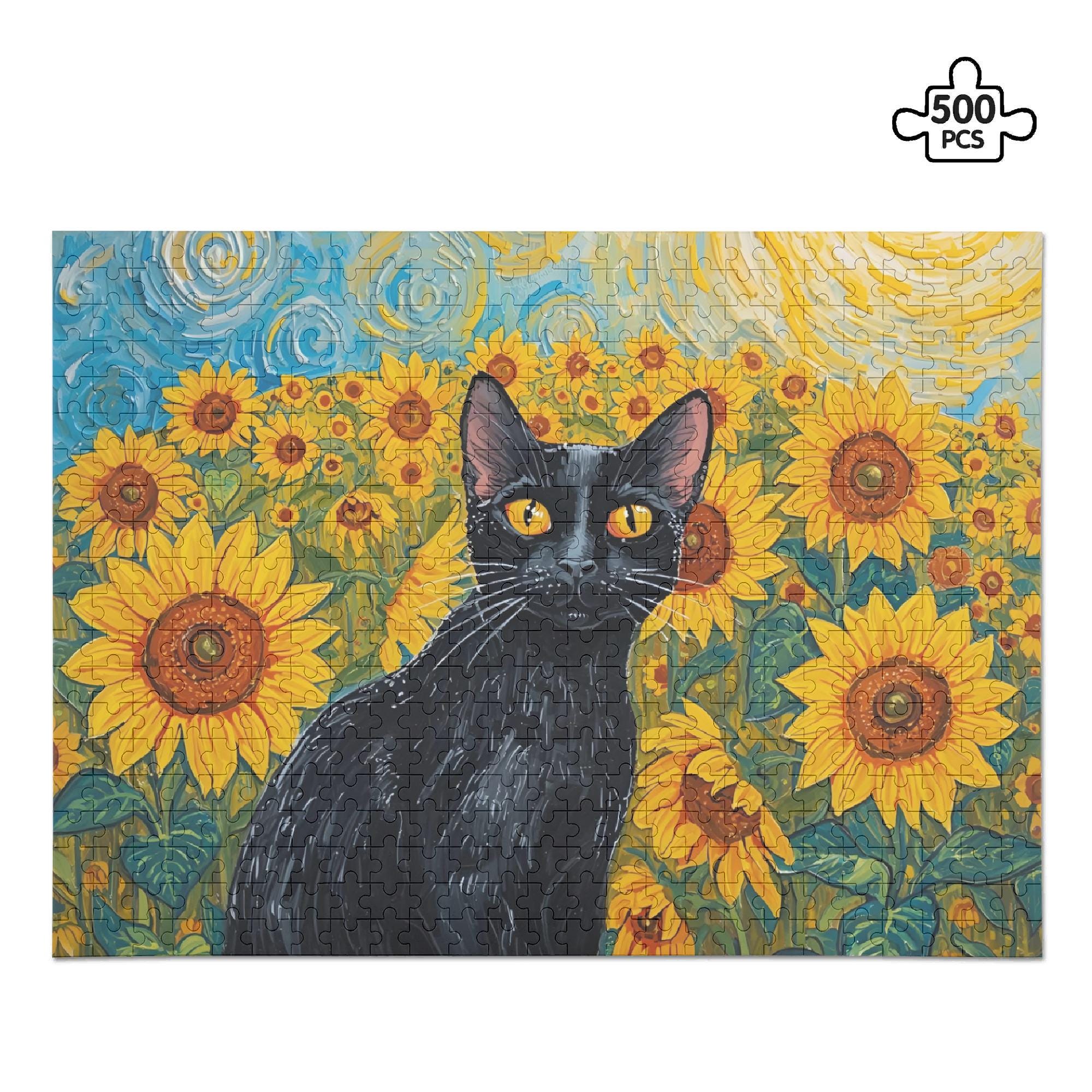 ハル　黒猫ちゃんとひまわり 黒猫ひまわりジグソーパズル 500ピース カラフルな猫アートパズル
