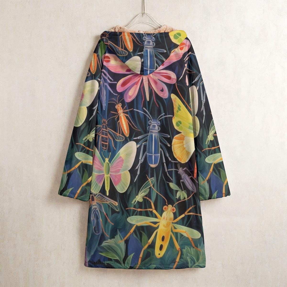 Botanical Insect Fleece Windbreaker, Artistic Bugs Long Coat, Cozy