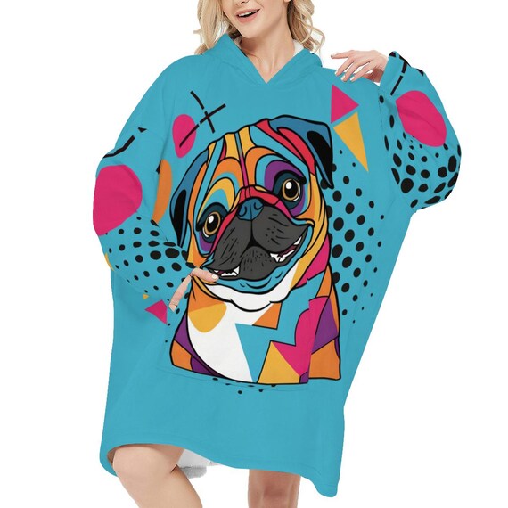 Colorful Pug Blanket Hoodie, Pop Art Pug Snuggle Hoodie, Oversized