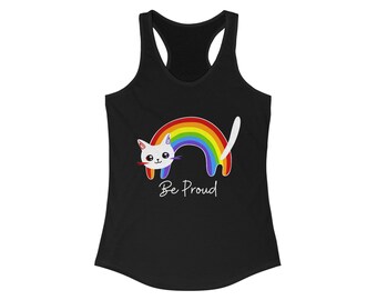 Rainbow Pride Cat Ideal Racerback Tank, Cat be proud tank top, funny Cat LGBTQ tank top, cute Lgbt cat yoga tank, cat lgbt workout tank top