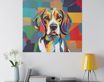 Könnte beinhalten: Ein farbenfrohes abstraktes Gemälde eines Beagle-Hundes mit weißem, braunem und schwarzem Hintergrund. Das Fell des Hundes ist in verschiedenen Farben dargestellt, darunter Rot, Blau, Grün und Gelb.