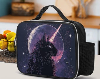 Celestial Cat Lunch Bag, Cosmic Unicorn Cat Picnic Tote, PU Leather Galaxy Lunchbox, Witchy Cooler, Unicorn cat lunch bag, Nebula Picnic Bag