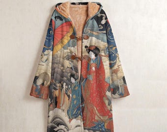 Abrigo polar con arte japonés Ukiyo-e, cortavientos estilo kimono de geisha, abrigo con botones de cuerno, abrigo con pintura tradicional asiática, cárdigan con capucha para invierno.