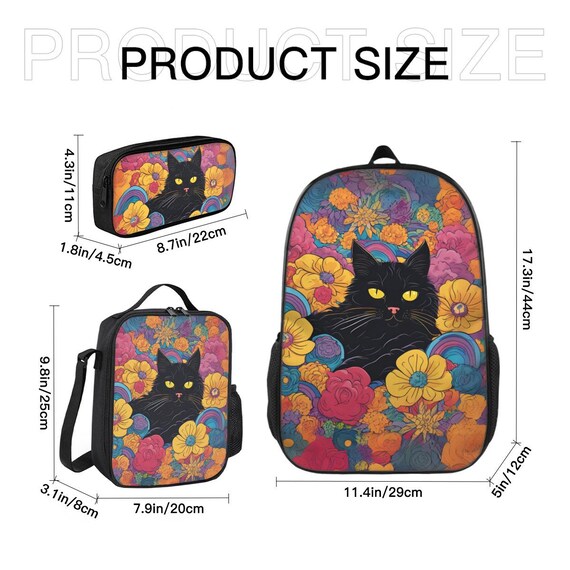 黒猫バックパックセット – 花柄の美しいスクールバックパック、断熱 