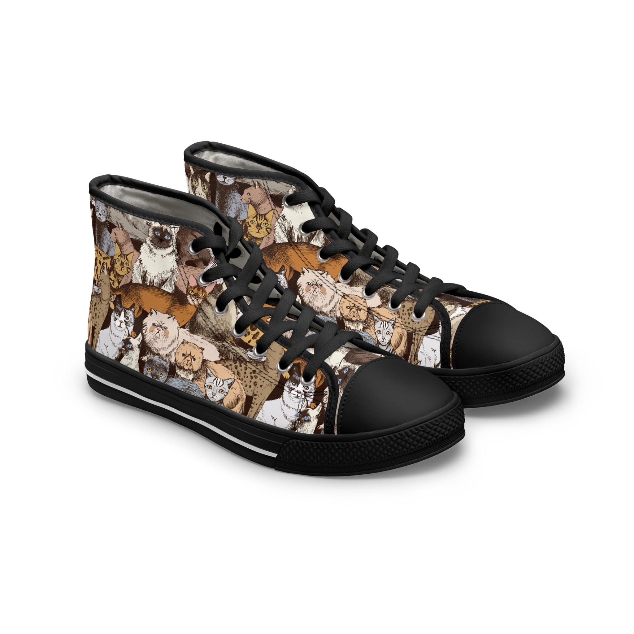 Cats Pattern Women's High Top Sneakers, Cat Breeds Shoes, Vintage Cats