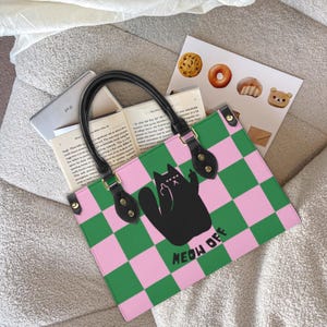 Lustige schwarze Katzen-Einkaufstasche | Sarkastische Katze Mittelfinger Kunstleder Geldbörse | Grün und Rosa Karierte Umhängetasche für Frauen | Lustige Handtasche