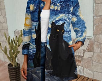 Starry Night Black Cat Cardigan, Van Gogh Art Sweater Jacket, Celestial Cat Knit Coat, Whimsical Artistic Cardigan, Black Cat Lover Gift