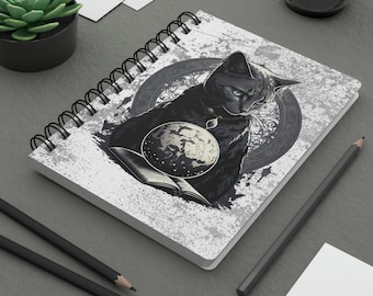 Cosmic Cat Spiral Bound Journal, cat magician notebook, magical journal, witchy gothic cat journal, yule cat celestial Manifestation Journal