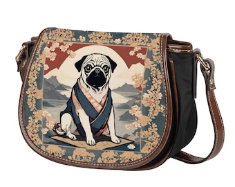 Ukiyo e Pug Saddle Bag, Japanese Art Crossbody Purse, Cute Pug Shoulder Handbag, Pug Vintage Japanese Style Purse, Gift for Pug Lover