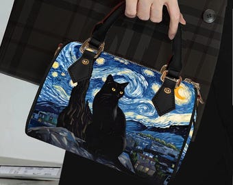 Starry Night Black Cat Mini Boston Bag, Mystical Cat Van Gogh Inspired Barrel Bag, Celestial Art Satchel, Witchy Fine Art Crossbody Handbag