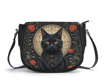 Gothic Black Cat Saddle Bag – Black Cat PU Leather Shoulder Bag with Roses & Moon | Witchy Crossbody Bag for Women, Black cat familiar bag