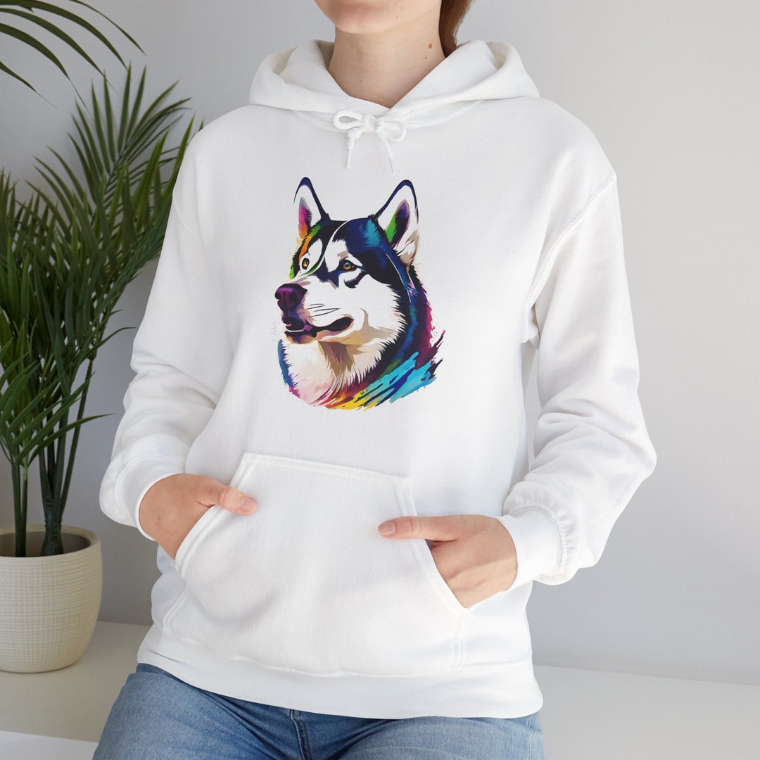 Siberian Husky Hooded Sweatshirt, Alaskan Malamute Colorful Graphic