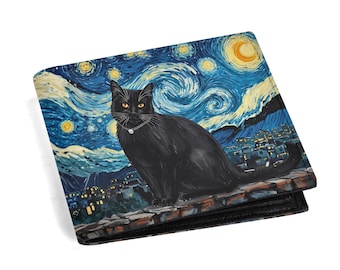Cartera de gato negro con diseño de galaxia y noche estrellada / Cartera de cuero sintético con diseño de gato Van Gogh / Cartera de gato celestial brujo / Tarjetero / Cartera cósmica mística