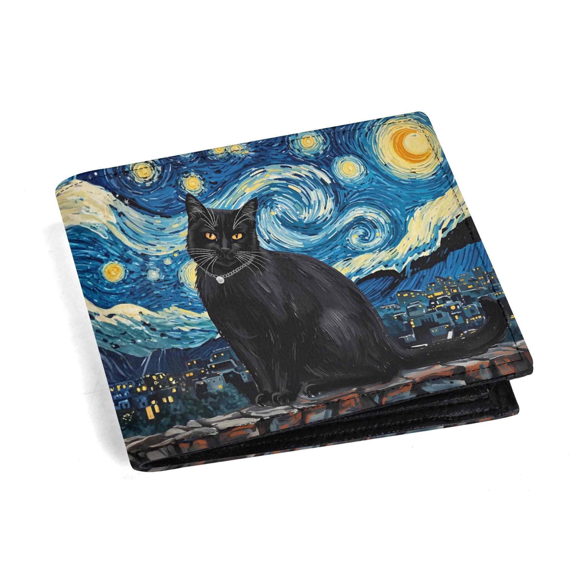 Galaxy Starry Night Black Cat Wallet | Cat Van Gogh PU Leather