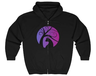 Black Cat Moon Full Zip Hooded Sweatshirt, magical gothic hoodie Witch Cat yule cat hoodie, aesthetic celestial jumper gift sweater