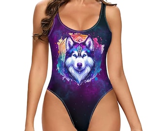 Maillot de bain husky mystique, maillot de bain une pièce loup, body husky céleste, maillot de bain cosmique, tenue de festival des sorcières, maillots de bain spirituel loup