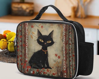 Mystical Black Cat Vintage Lunch Bag, Dark Cottagecore Picnic Tote, Celestial Witchy Insulated Lunchbox, Whimsical Dark Academia lunch Tote