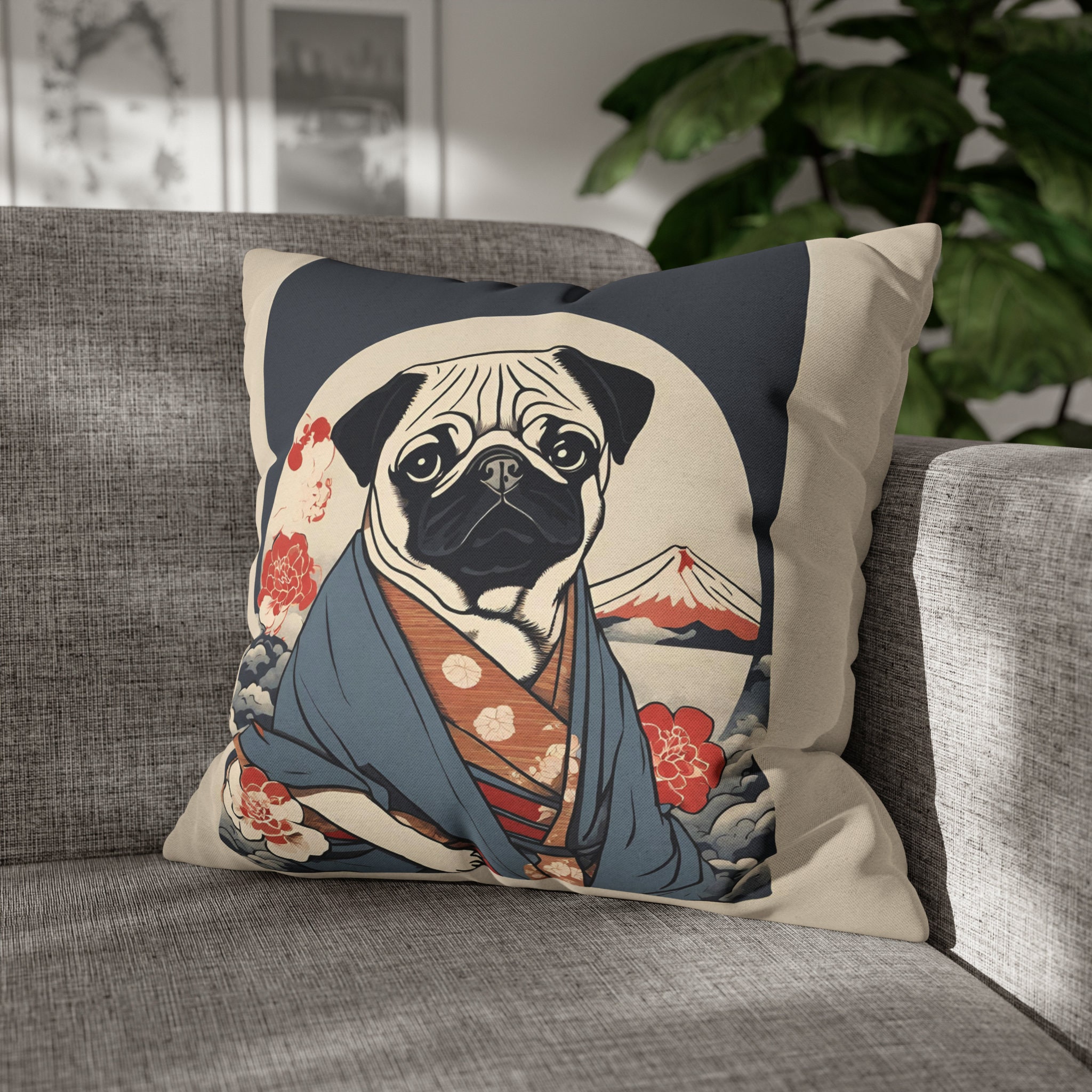 Pug Japanese Art Square Pillow Cover, Cute Mops Ukiyoe Style