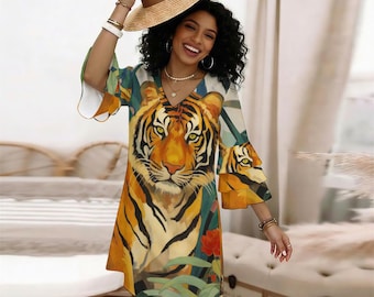 Bengal Tiger Ruffle Sleeve Dress, Majestic Jungle Big Cat V-Neck Mini Dress, Bold Wildlife Dress, Whimsical Flounce Sleeve, Boho Sundress