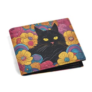 Boho Floral Black Cat Wallet – PU Leather Folded Wallet with Card Slots | Slim Artistic Cat Clutch for Women & Gifts