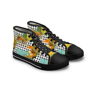 Sneakers, Tigers Houndstooth Pattern Sneakers, Exotic animal Women's Shoes, Tiger High Top Shoes, Tigers Athletic Footwear, Tigers Sneakers