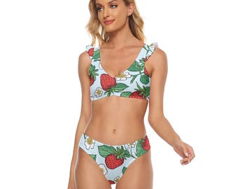Sweet Strawberry Ruffle Bikini Set, Cute Cottagecore Two Piece Swimsuit, Pastel Blue V-Neck Strawberry Swimwear, Retro Fruit Bikini Swimsuit