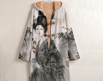 Geisha Fleece Windbreaker, Japanese Horn Button Long Hooded Coat, Ink Wash Chinese Traditional Art Jacket, Japanese Fuzzy Lined Winter Coat