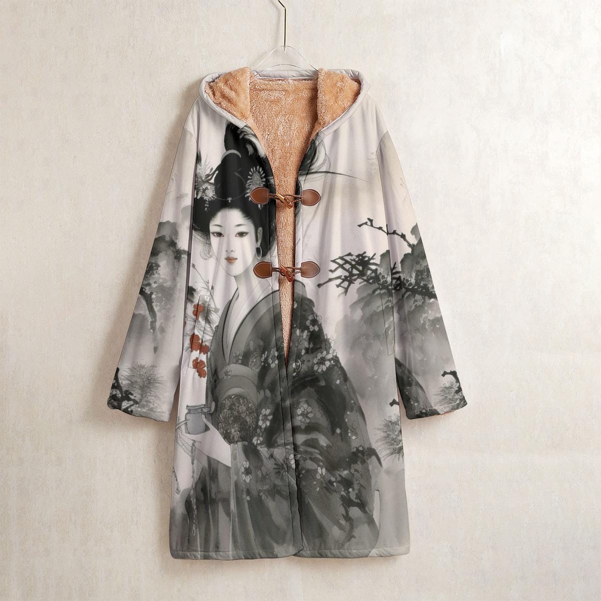 Geisha Fleece Windbreaker, Japanese Horn Button Long Hooded Coat