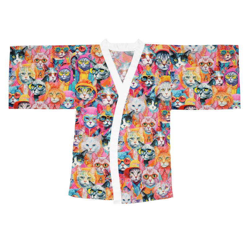 Groovy Retro Cats Long Sleeve Kimono Robe, Retro Cats Pattern Kimono ...