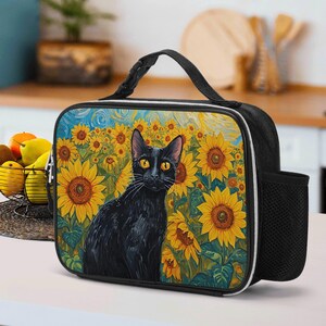 Sunflowers Black Cat Lunchväska, Isolerad Picknickväska i PU-läder med kattmotiv, Lunchväska i Van Gogh-stil, Söt kattmatlåda för arbete, skola, picknick