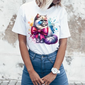 Preppy Katzen Shirt, Girly Katzen Shirt, süßes Katzen Shirt, kokettes Katzen Shirt, Geschenk für Katzenliebhaber, Katze mit Schleife Shirt, flauschiges weißes Katzen Shirt
