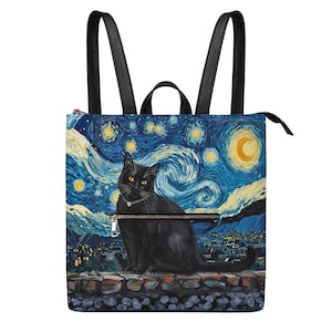 May include: Square black backpack featuring a black cat with yellow eyes, set against a starry night sky reminiscent of Van Gogh's style. The bag has black straps, a top handle, and a zippered front pocket. The cat wears a silver collar.