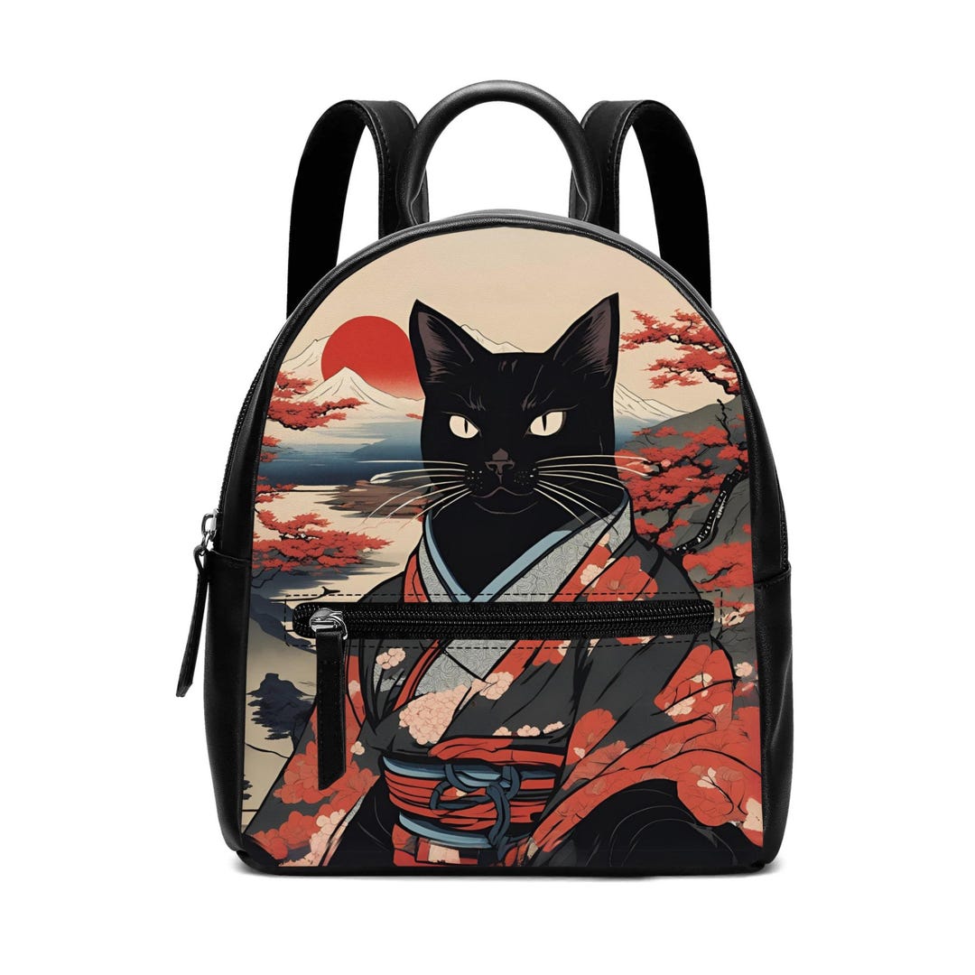 浮世絵黒猫リュック | 猫の和風アートバッグ | 着物猫リュック | 日本