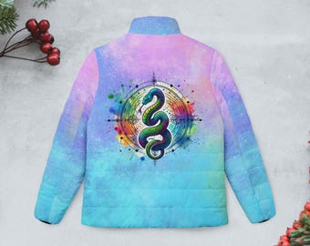 Slangenprint pufferjack, Hemels pufferjack voor dames, Kosmisch pufferjack, Jas met ruimteprint, Comfortabele winterkleding, Buitenjas met sterrenstelselprint