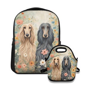 Ensemble sac à dos et sac à lunch lévrier afghan - Cartable floral lévrier afghan, fourre-tout isotherme à lunch, cadeau pour les amateurs de lévrier afghan, sac Cottagecore