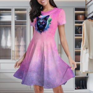 Vestido Mystic Black Cat – Vestido de patinadora com estampa de galáxia para mulheres, look de verão com estética de bruxa, vestido celestial de manga curta, vestido cósmico de gato