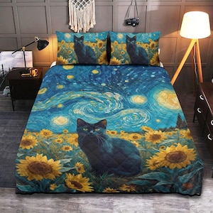 May include: A bedspread and two pillowcases with a black cat in a sunflower field under a starry night sky. The design is in the style of Van Gogh, with swirling blues and yellows. The cat has green eyes.