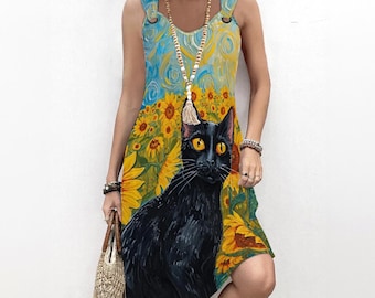 Van Gogh Inspired Black Cat Suspender Dress, Sunflower Cat Summer Dress, Cat Post-Impressionist Sun Dress, Whimsical Cat Hoop Strap Dress