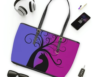 Magical black cat PU Leather Shoulder Bag, gift for her, aesthetic celestial Shoulder Bag, cat lover gift, witchy gothic fake leather bag