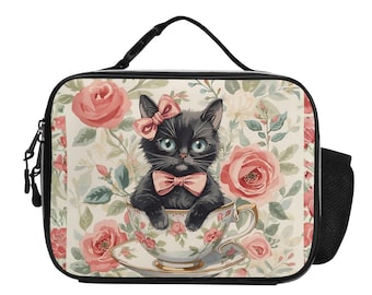 Vintage Teacup Cat Lunch Bag, Black Cat Picnic Tote, Faux Leather Floral Coquette Cat Lunchbox, Cottagecore lunch Cooler, Cute Cat Bento Box